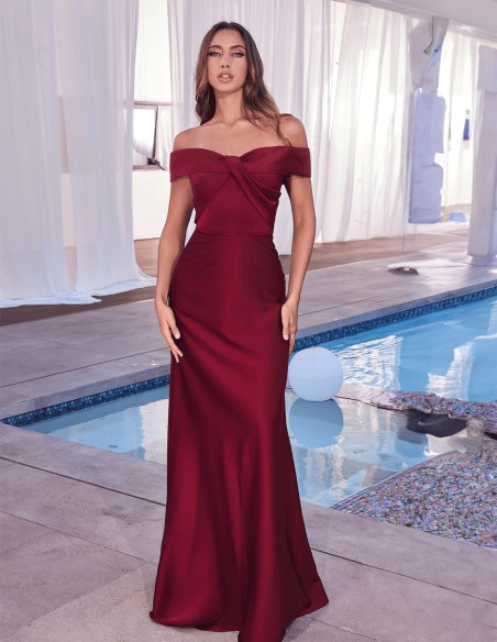 Long satin party gown with a crossover bandeau neckline