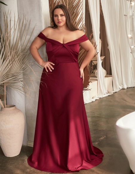 Long satin party gown with a crossover bandeau neckline
