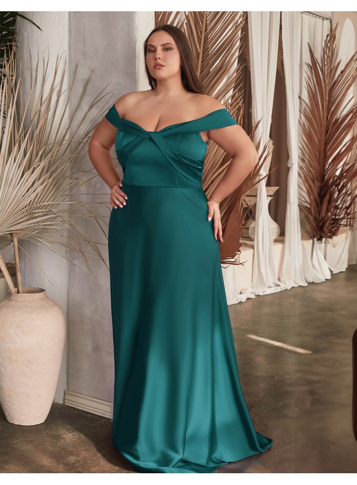 Long satin party gown with a crossover bandeau...