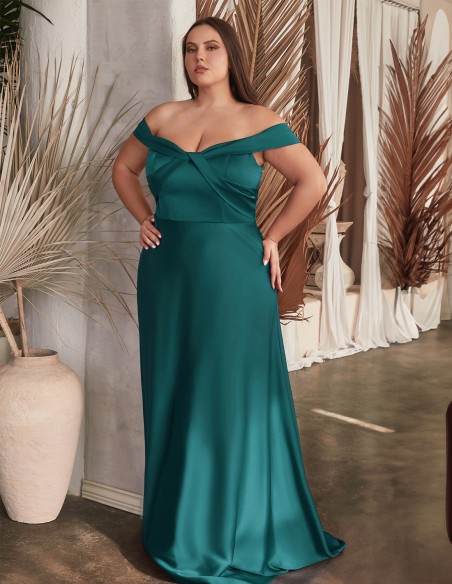 Long satin party gown with a crossover bandeau neckline