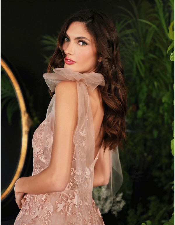 Vestido de fiesta largo de tul con mariposas tirantes lazos