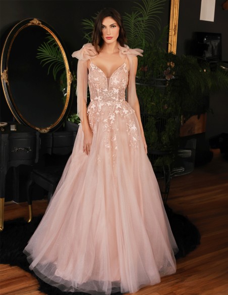 Nude pink tulle gown with butterflies and bow straps