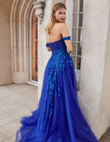 Long party dress with embroidery detail and off-the-shoulder detailing