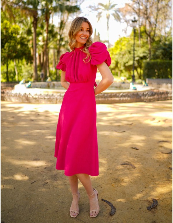 Midi party dress with short sleeves and back ties