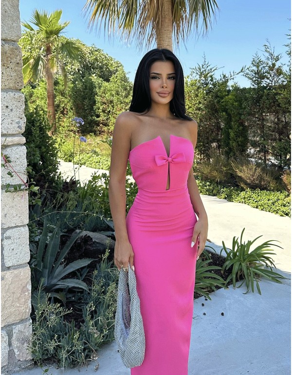 strapless long party gown with front bow 2