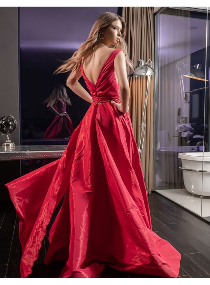 Long party dress with side slit and ruched bodice