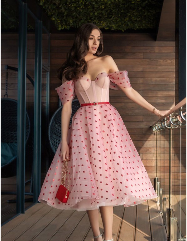 Tulle midi party dress with polka dots detail and corset...