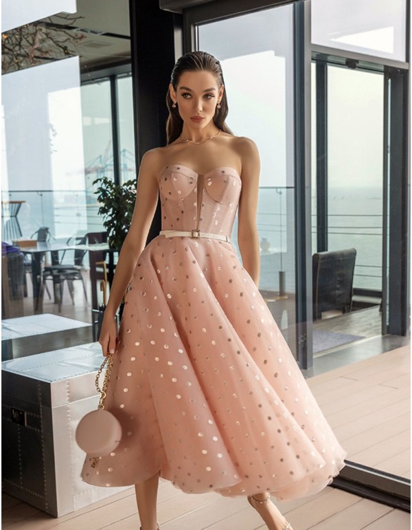 Midi party dress with plumeti and sweetheart neckline