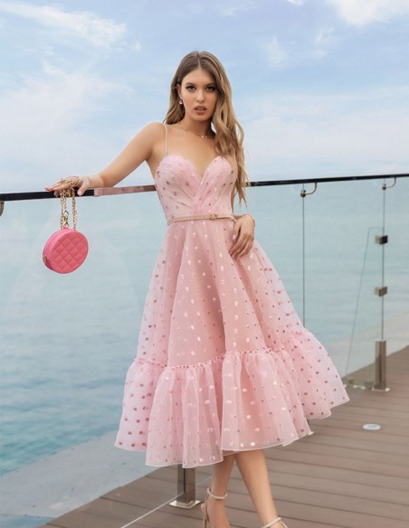 Robe midi en plumeti avec volants et encolure en cœur