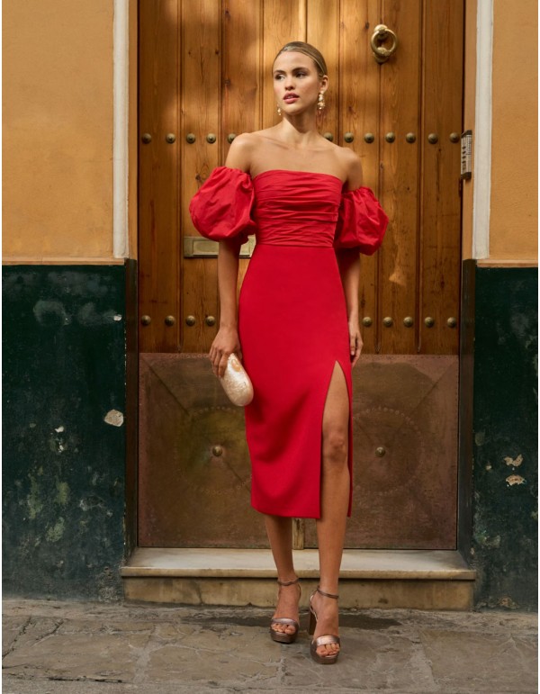 Vestido de fiesta midi con manga abullonada y escote palabra de honor 2