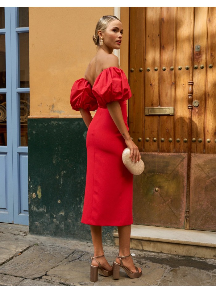 Vestido de fiesta midi con manga abullonada y...