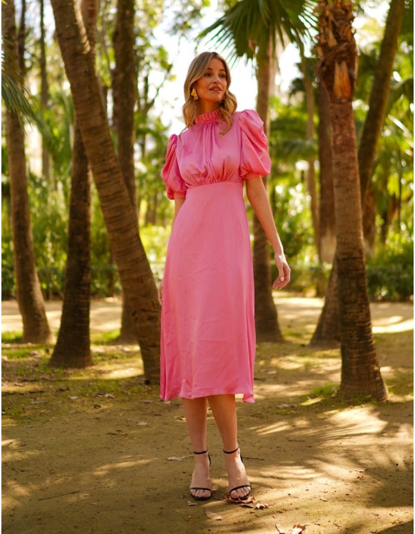 Vestido midi de fiesta plisado con manga corta abullonada