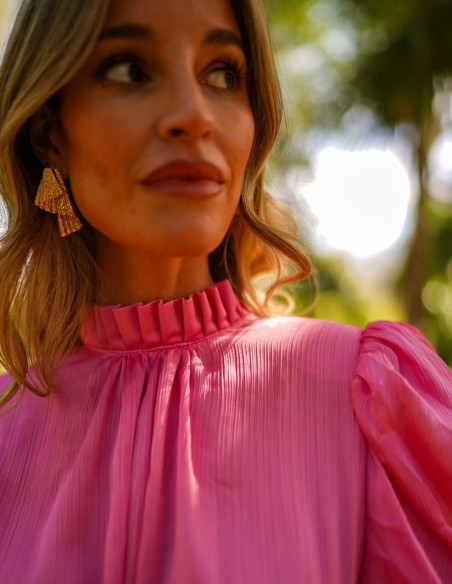 Pleated midi party dress with short puffed sleeves