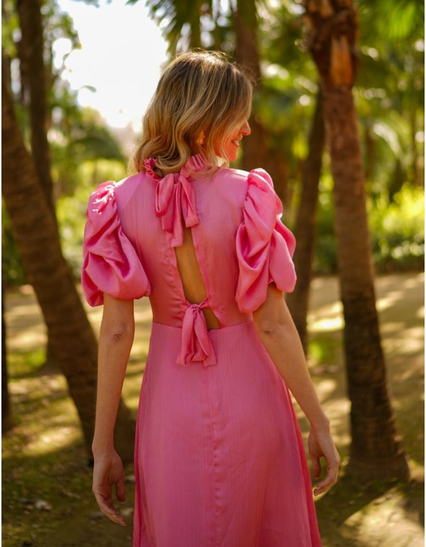 Robe de soirée midi plissée avec manches courtes bouffantes 2