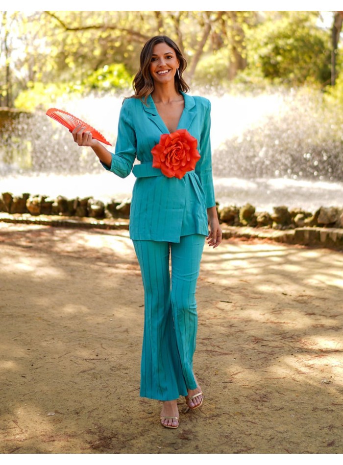 Suit with belted jacket and long striped pants