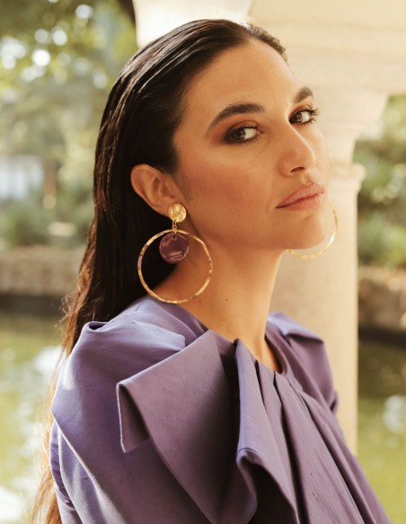 Gold circle with purple ceramic detail party earrings