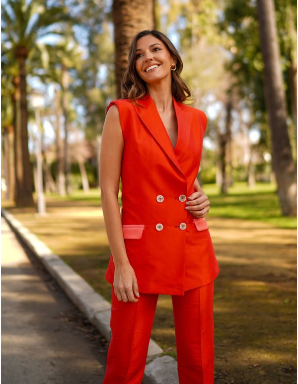 Orange silk vest with buttons and lined pockets