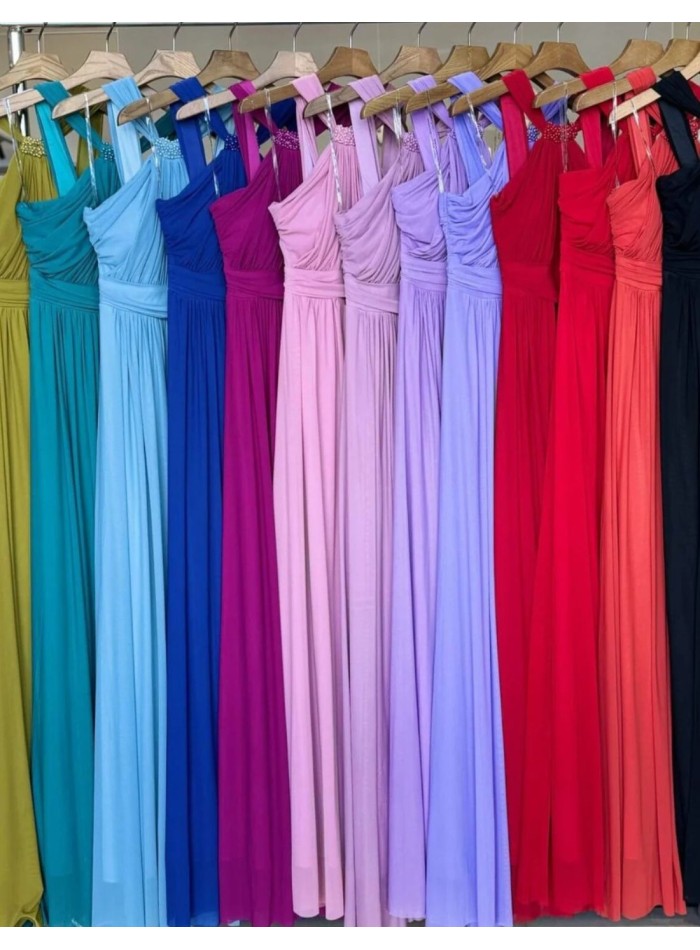 Evening dress with halter neckline and rhinestones