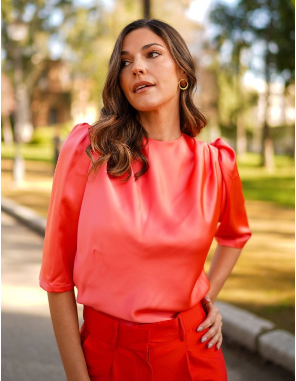 Satin party blouse with puffed french sleeves