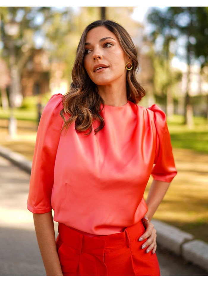 Satin party blouse with puffed french sleeves