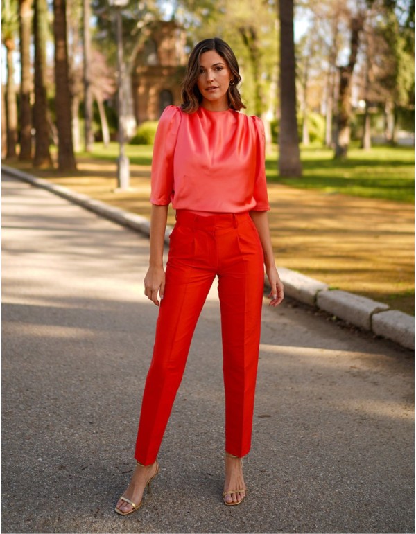 Satin party blouse with puffed french sleeves 2