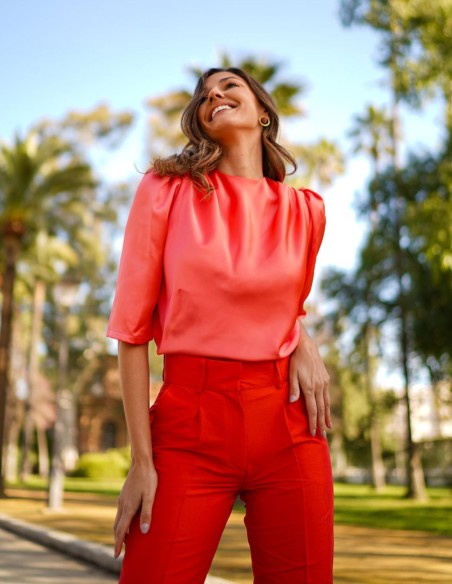 Satin party blouse with puffed french sleeves