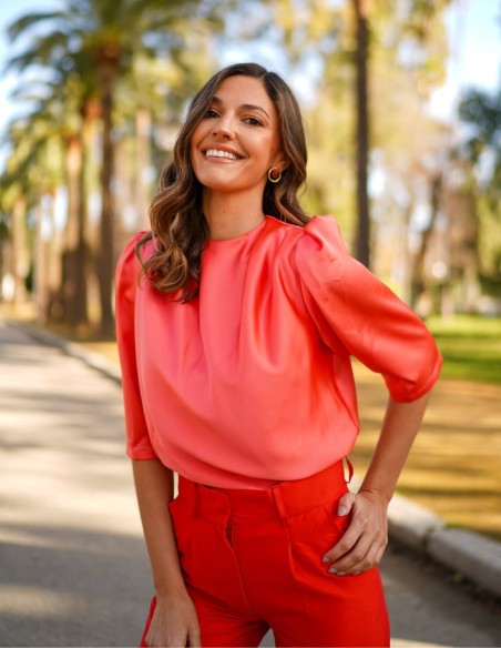 Satin party blouse with puffed french sleeves
