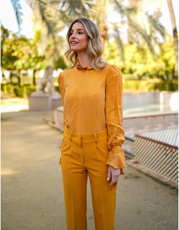 High neck and long sleeve party blouse with ruffles