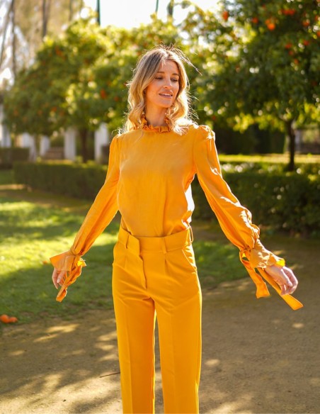 High neck and long sleeve party blouse with ruffles