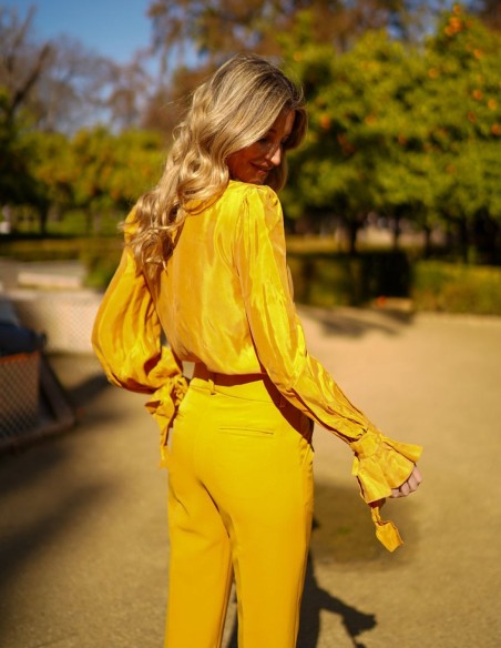 Blusa de fiesta de cuello alto y manga larga con volantes