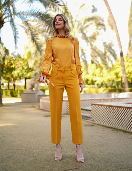 Blusa de fiesta de cuello alto y manga larga con volantes