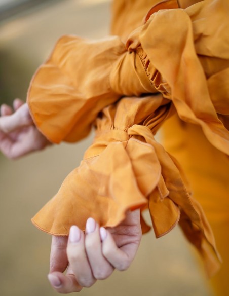 Chemisier de fête à manches longues, col montant et manches volantées