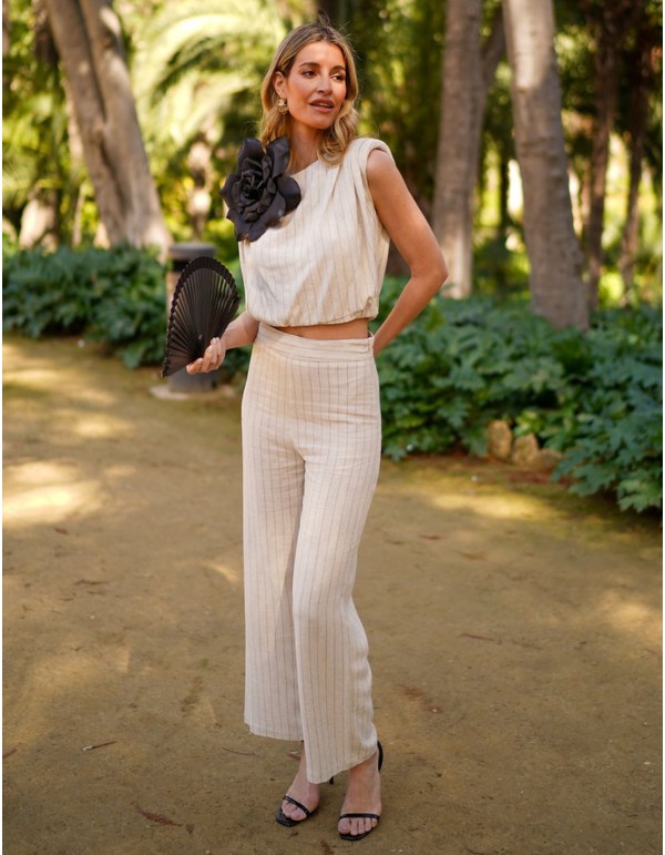 Sleeveless linen top with striped print 2