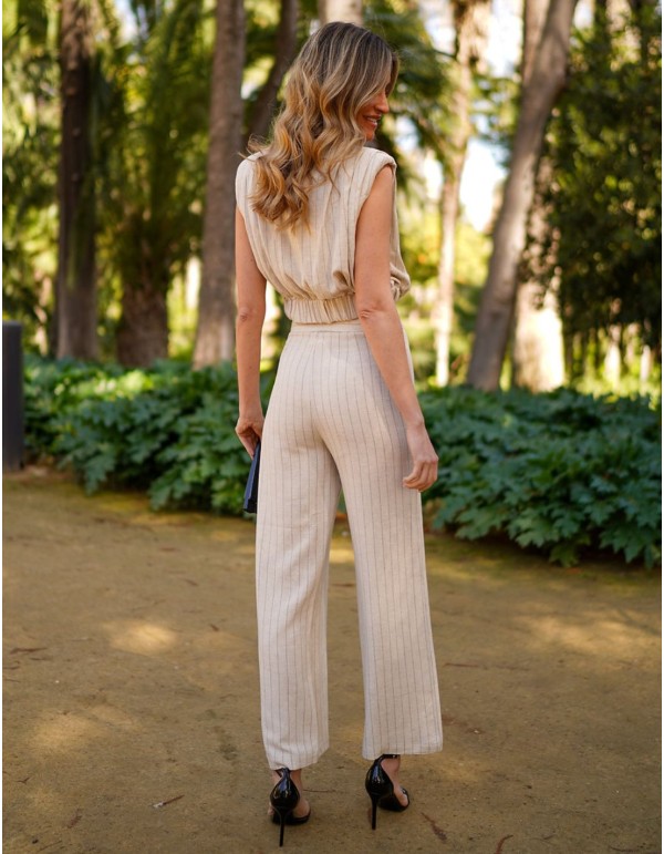 High-waist linen long pants with striped print 2