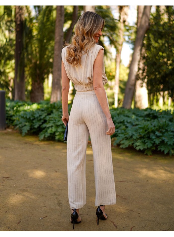 High-waist linen long pants with striped print