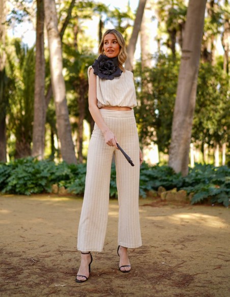 High-waist linen long pants with striped print