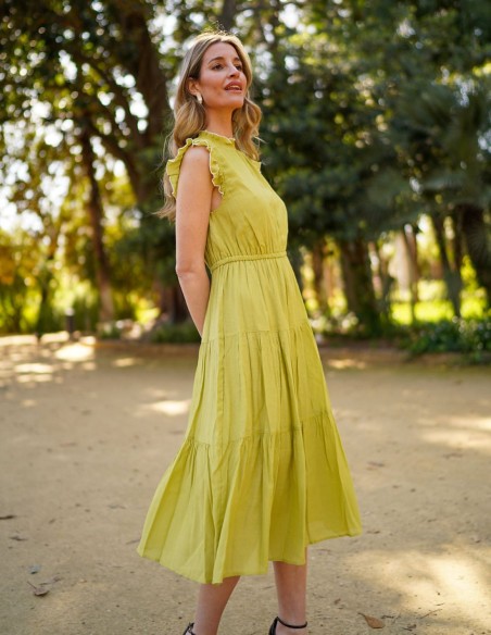 Sleeveless midi party dress with closed neckline