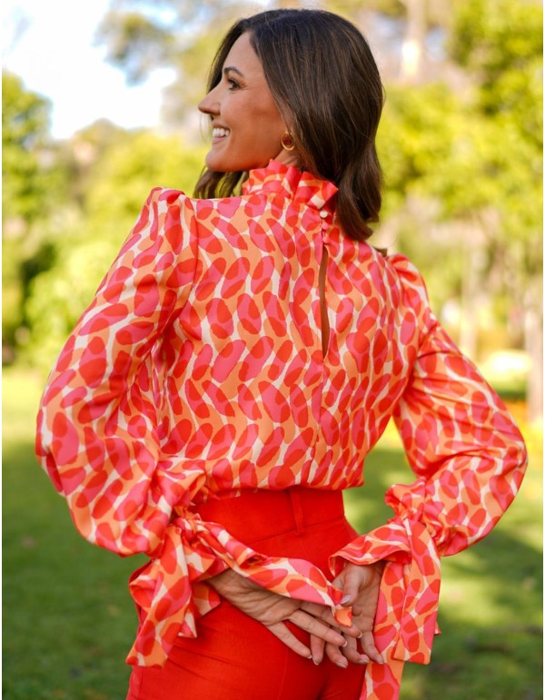 Long sleeve printed party blouse with lacing 2