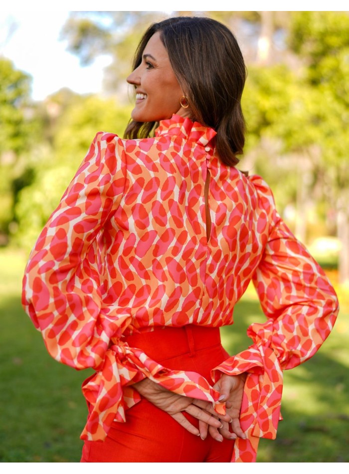 Long sleeve printed party blouse with lacing