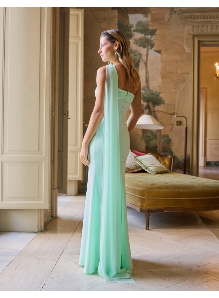 Long party dress with asymmetrical neckline and cape detail mint