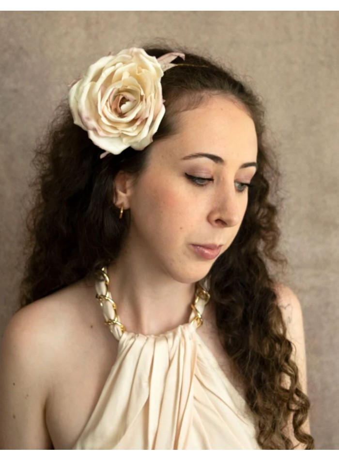 Serre-tête maxi fleur rose ivoire avec base dorée