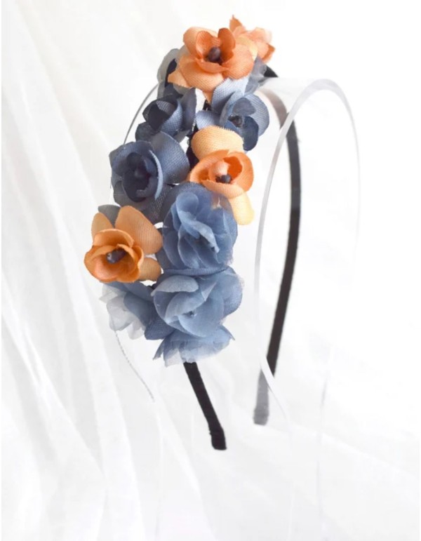 Serre-tête fin avec fleurs bleues et orange 2