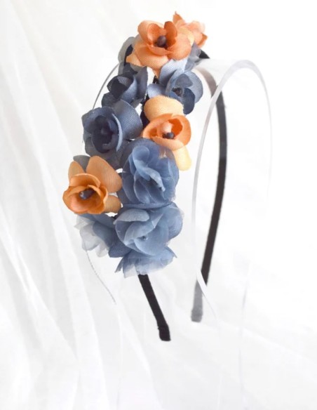 Diadema fina con florecitas azules y naranjas