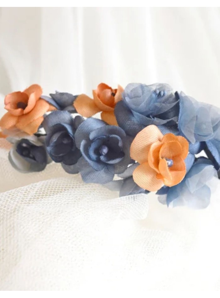 Thin headband with blue and orange flowers