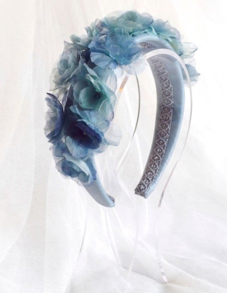 Blue and turquoise organza flower headband