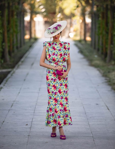 Vestido midi de fiesta estampado sin mangas con volante - INVITADA PERFECTA