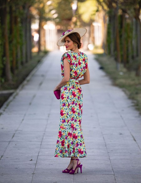 Vestido midi de fiesta estampado sin mangas con volante - INVITADA PERFECTA