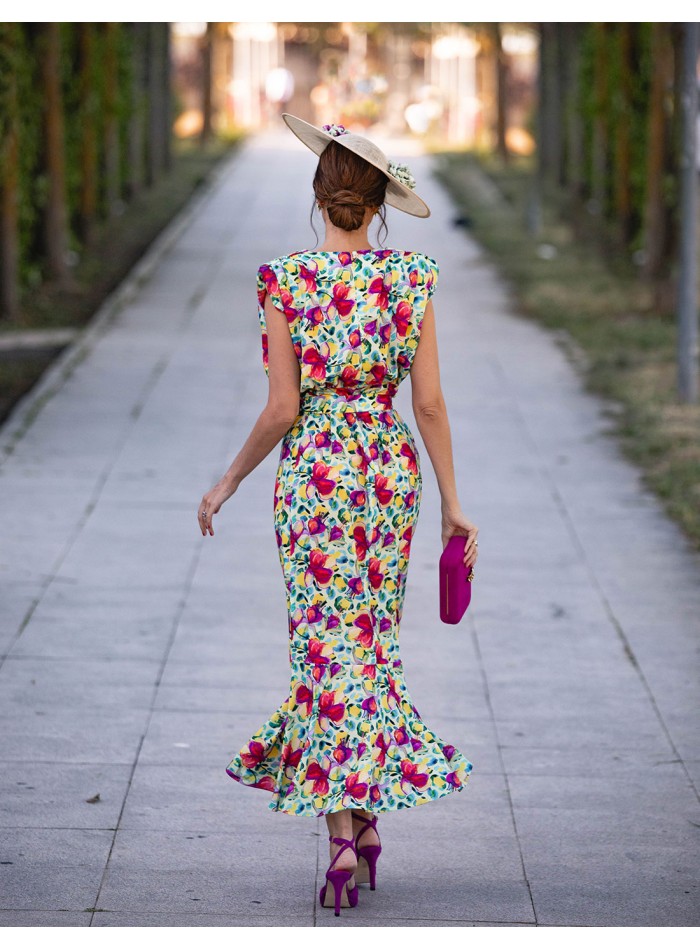 Sleeveless printed midi party dress with ruffle...