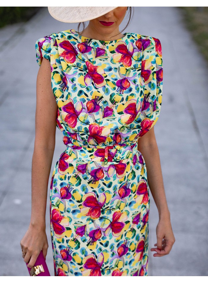 Sleeveless printed midi party dress with ruffle...