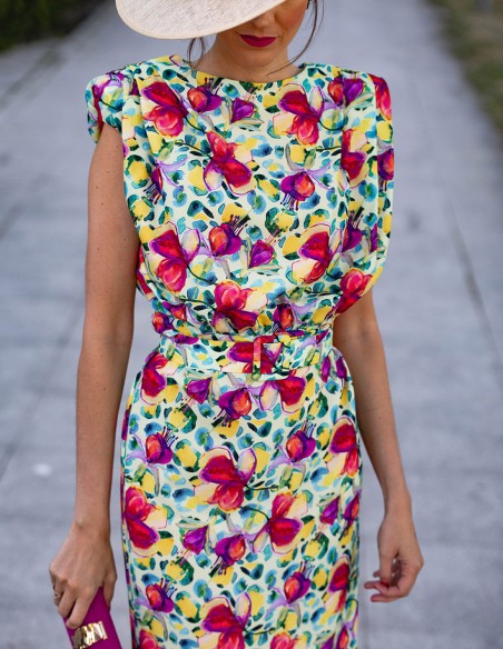 Vestido midi de fiesta estampado sin mangas con volante - INVITADA PERFECTA